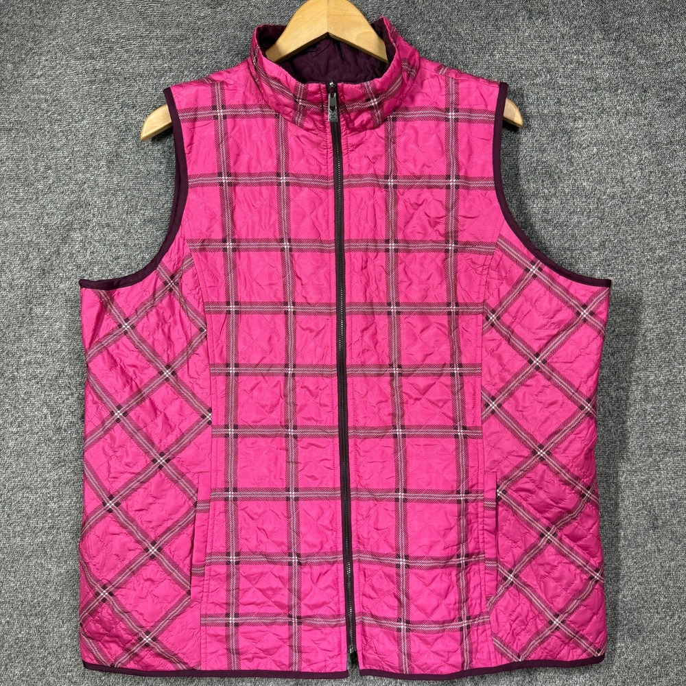 Belle by Kim Gravel Reversible Quilted Vest Pink Plaid Purple XL